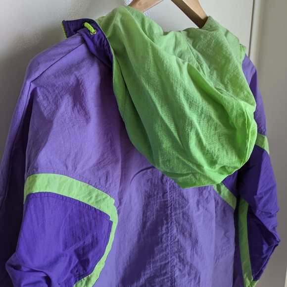 Vintage 90s InSport for Women Purple Neon Green Windbreaker Jacket Medium Hood - Picture 14 of 16